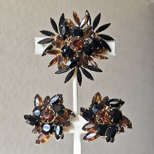 Vintage Judy Lee Brown Black Rhinestone Large Brooch & Matching Clipon Earrings